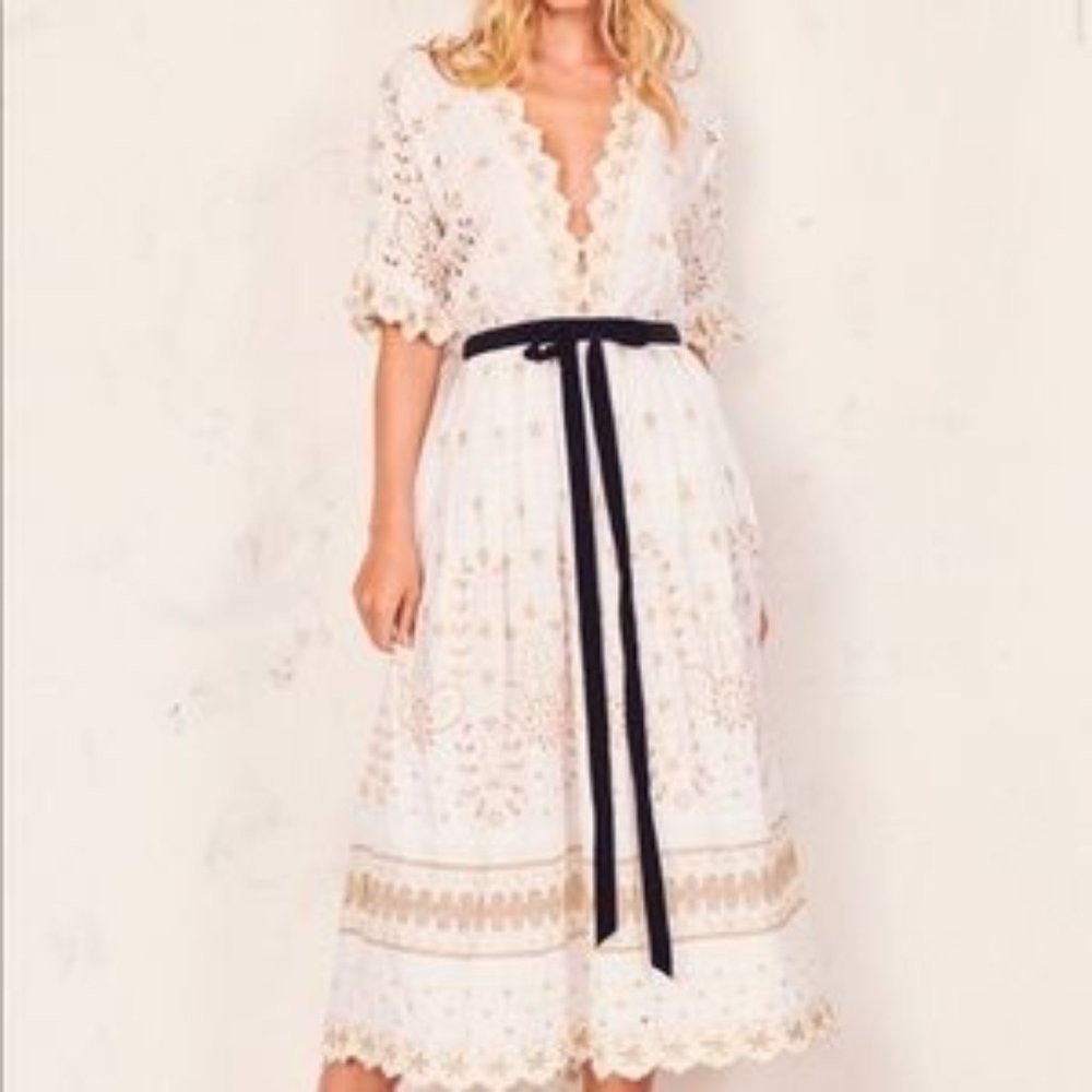 LoveShackFancy White and Tan Lace Dress